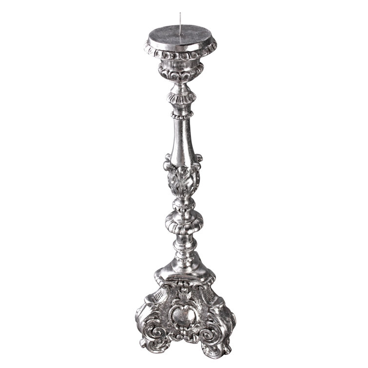 Elegant Baroque Scroll-Footed Silver Leaf Resin Candlesticks, Set of 2