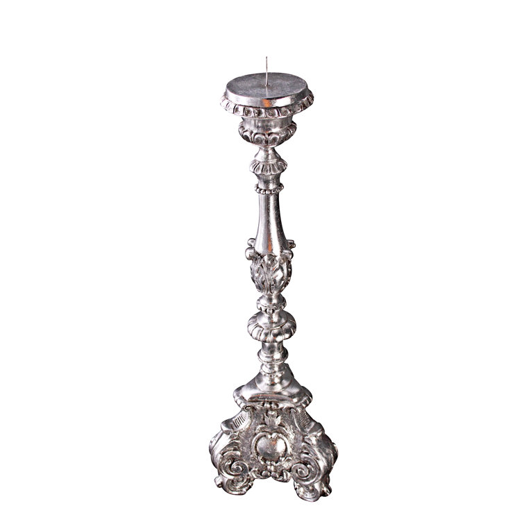 Elegant Baroque Scroll-Footed Silver Leaf Resin Candlesticks, Set of 2