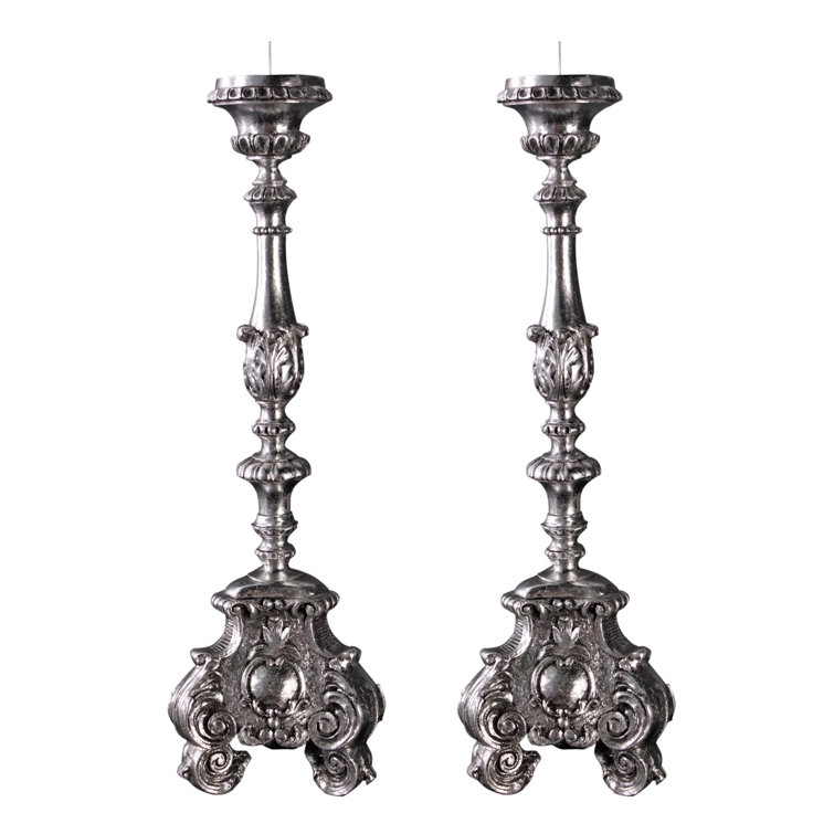 Elegant Baroque Scroll-Footed Silver Leaf Resin Candlesticks, Set of 2