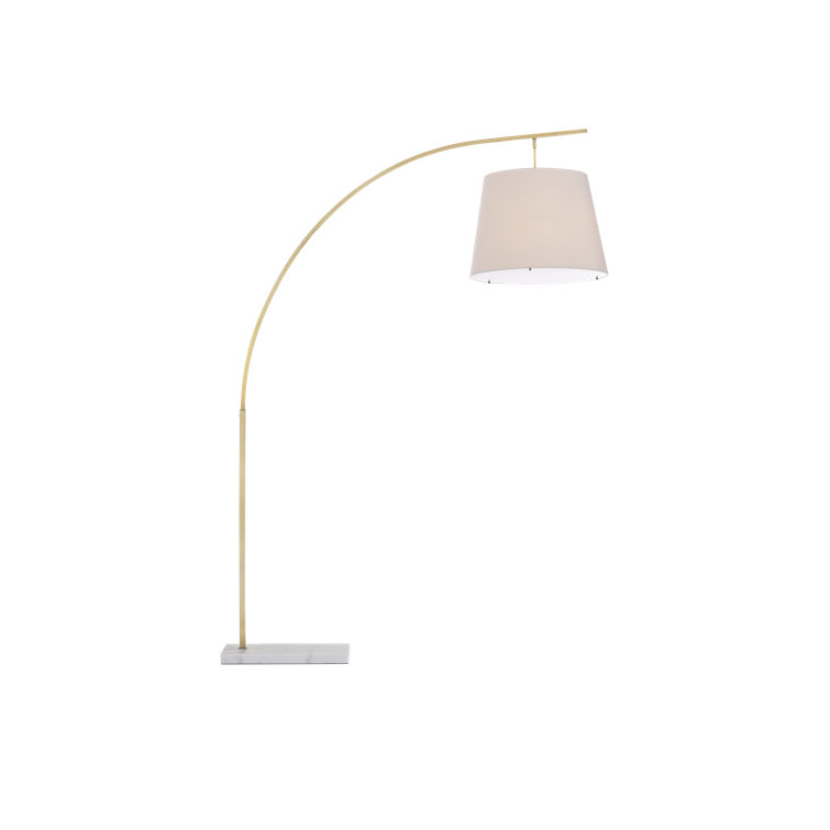 Antique Brass & White Arc Floor Lamp with Off-White Shantung Shade