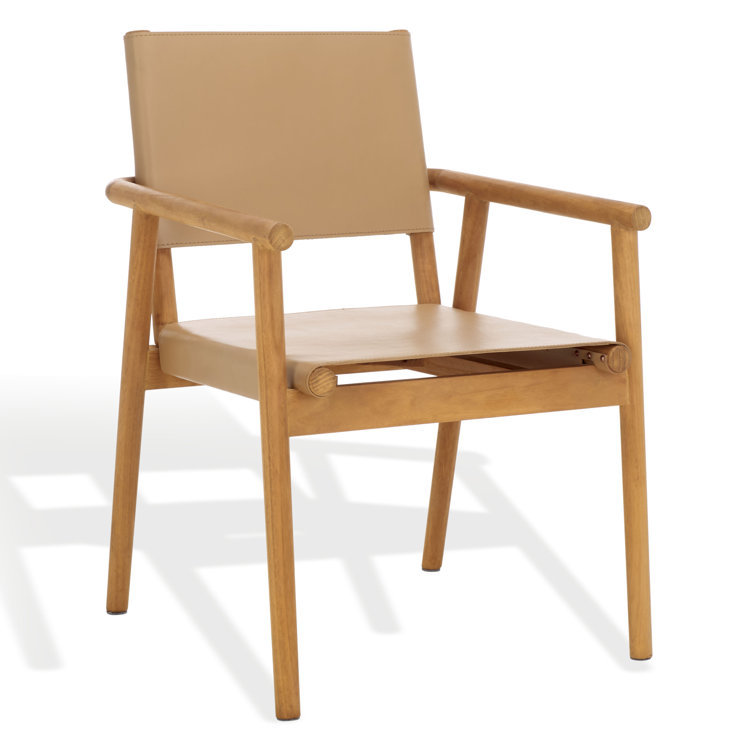 Tan Leather Upholstered Arm Chair with Natural Wood Frame