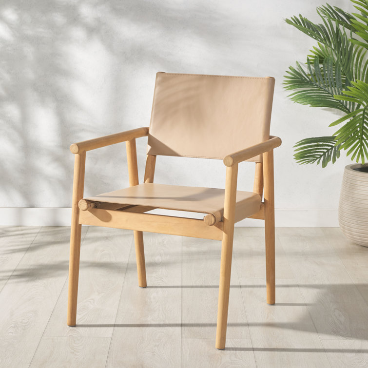 Tan Leather Upholstered Arm Chair with Natural Wood Frame