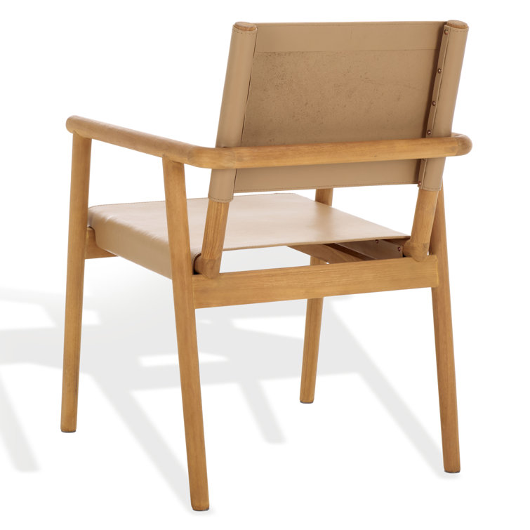 Tan Leather Upholstered Arm Chair with Natural Wood Frame