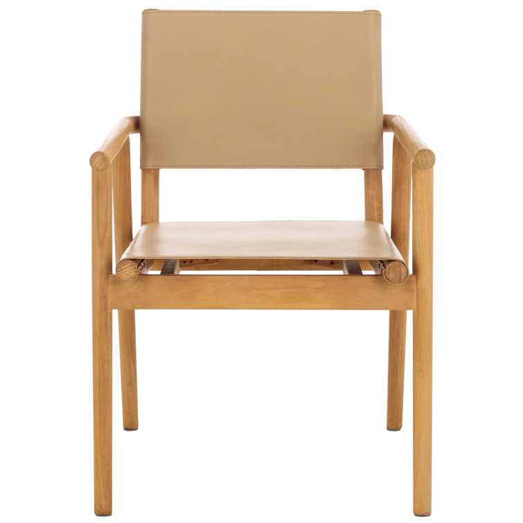 Tan Leather Upholstered Arm Chair with Natural Wood Frame