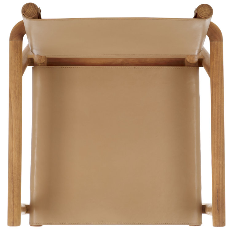 Tan Leather Upholstered Arm Chair with Natural Wood Frame