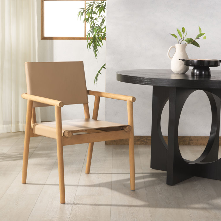 Tan Leather Upholstered Arm Chair with Natural Wood Frame