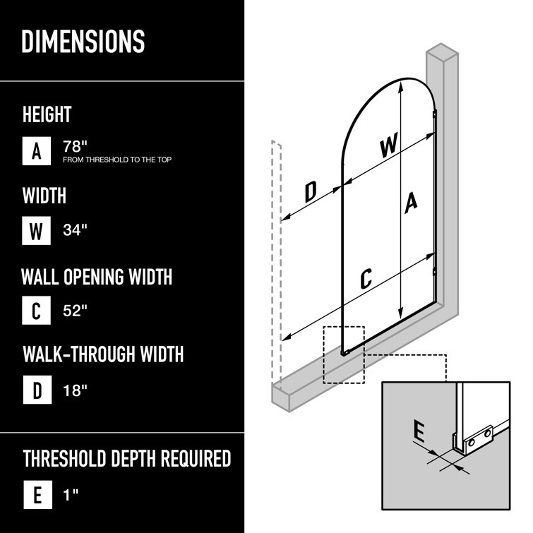 Arden Matte Black 34" x 78" Framed Shower Screen with Fluted Glass