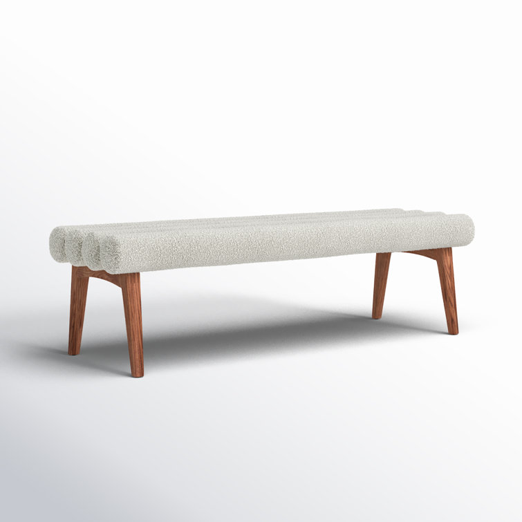 Ash Wood Straight Leg Bench with White Boucle Upholstery