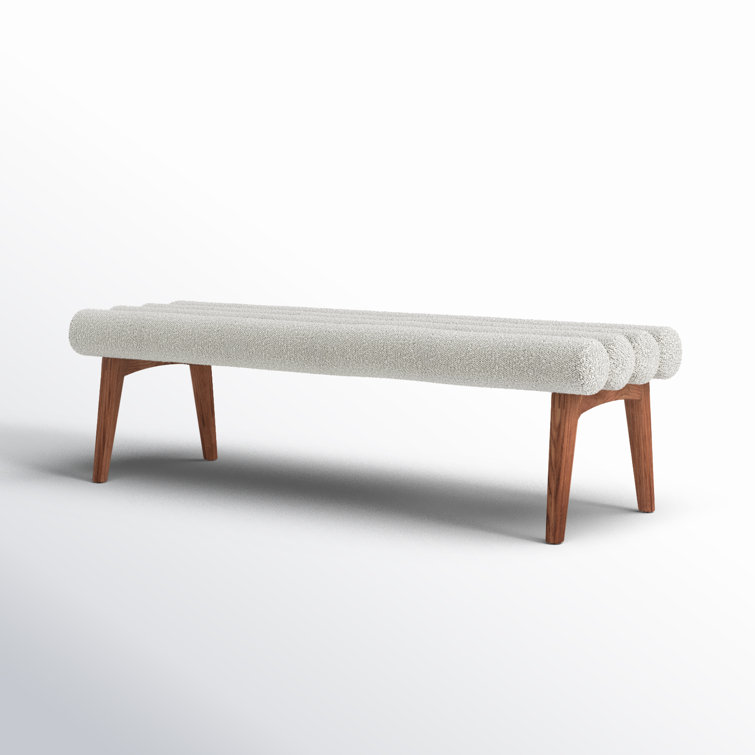 Ash Wood Straight Leg Bench with White Boucle Upholstery