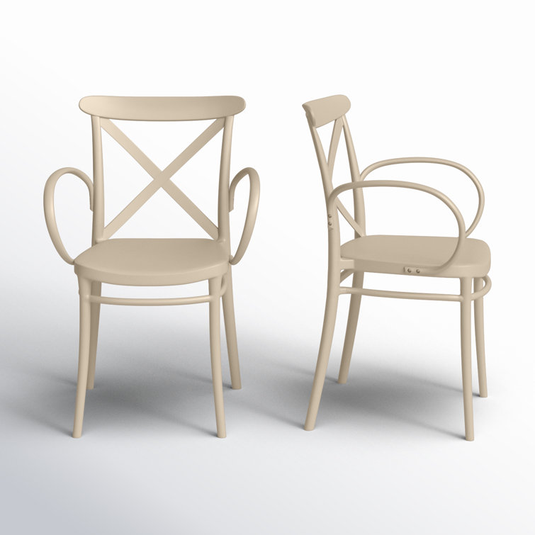 Taupe Plastic Resin Stackable Dining Armchairs, Set of 2