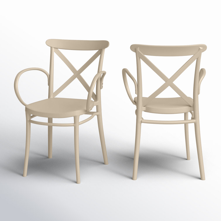 Taupe Plastic Resin Stackable Dining Armchairs, Set of 2