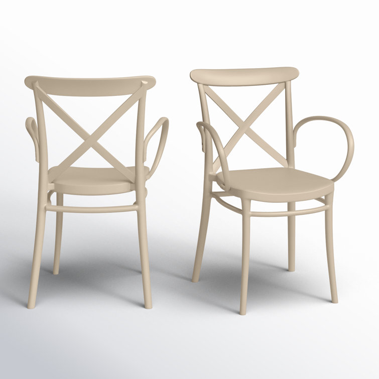Taupe Plastic Resin Stackable Dining Armchairs, Set of 2