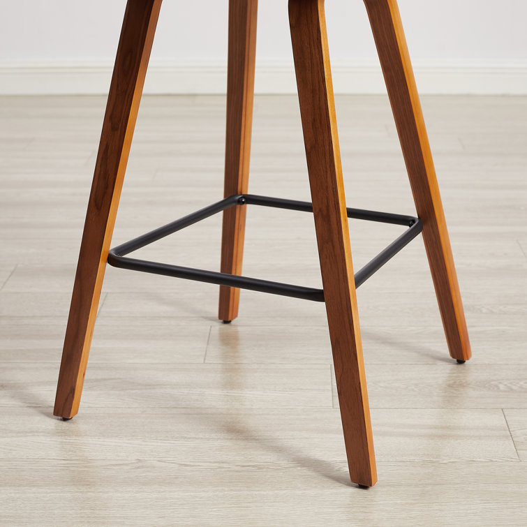 Mid-Century Modern Brown Wood and Black Faux Leather Counter Stools, Set of 2