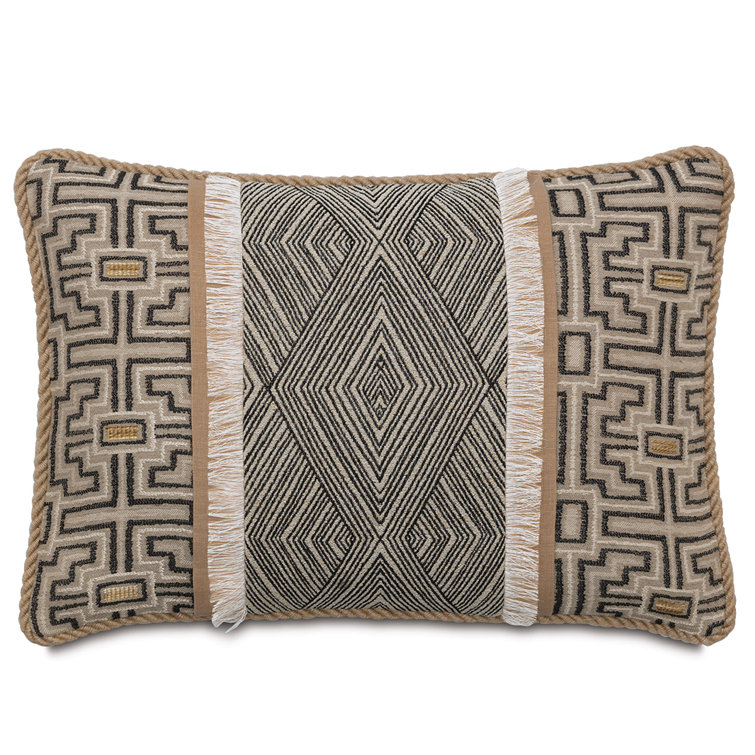 Naya Geometric Black and Beige Lumbar Pillow with Fringe