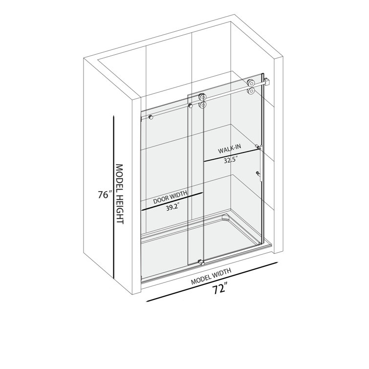 72 in. Black Frameless Sliding Shower Door with Clear Tempered Glass