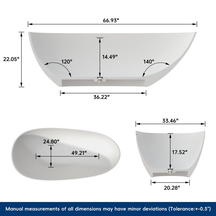 67'' White Solid Surface Freestanding Soaking Bathtub
