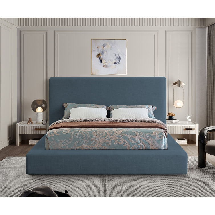 Navy Linen Upholstered King Platform Bed with Headboard