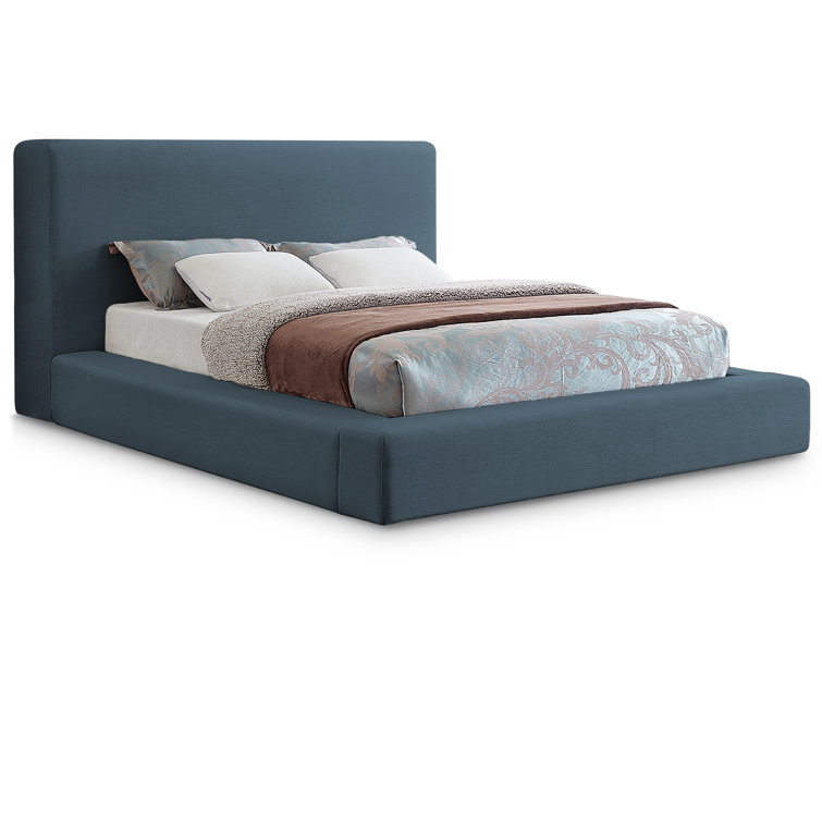 Navy Linen Upholstered Queen Platform Bed with Headboard