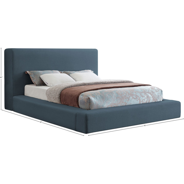 Navy Linen Upholstered Queen Platform Bed with Headboard