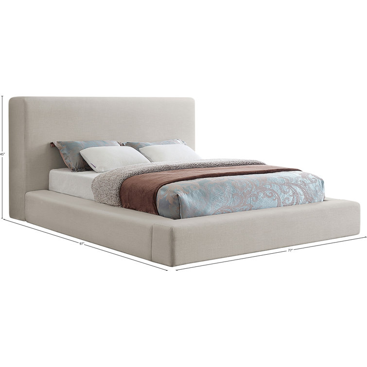 Beige Linen Upholstered Queen Platform Bed with Headboard
