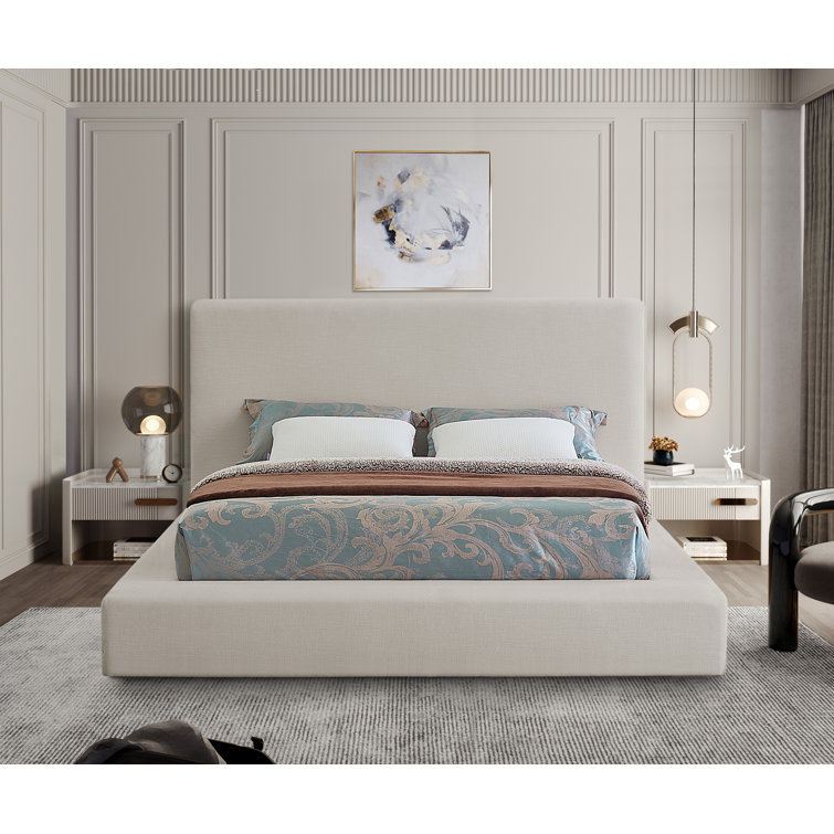 Beige Linen Upholstered Queen Platform Bed with Headboard