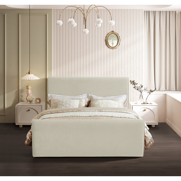 Camel Velvet Upholstered Queen Bed with Headboard