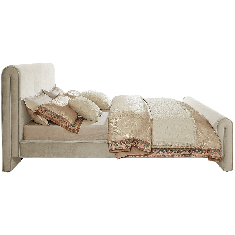 Camel Velvet Upholstered Queen Bed with Headboard