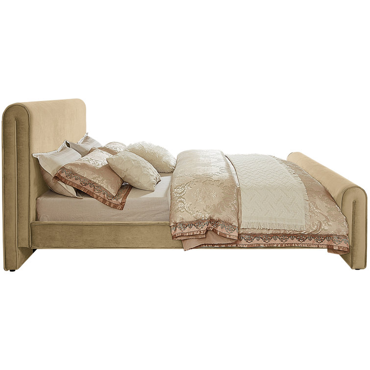 Camel Velvet Upholstered Queen Bed with Headboard