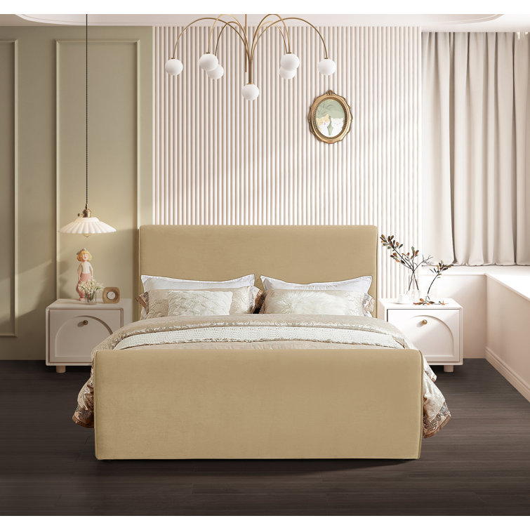Camel Velvet Upholstered Queen Bed with Headboard