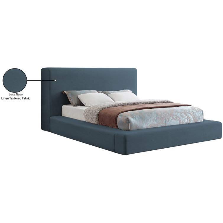 Navy Linen Upholstered Queen Platform Bed with Headboard