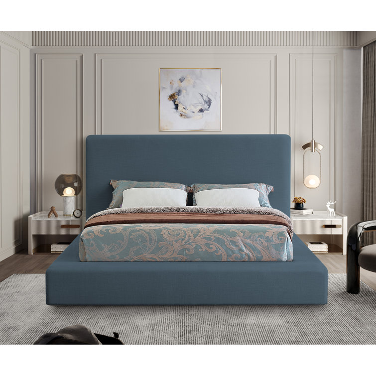Navy Linen Upholstered Queen Platform Bed with Headboard