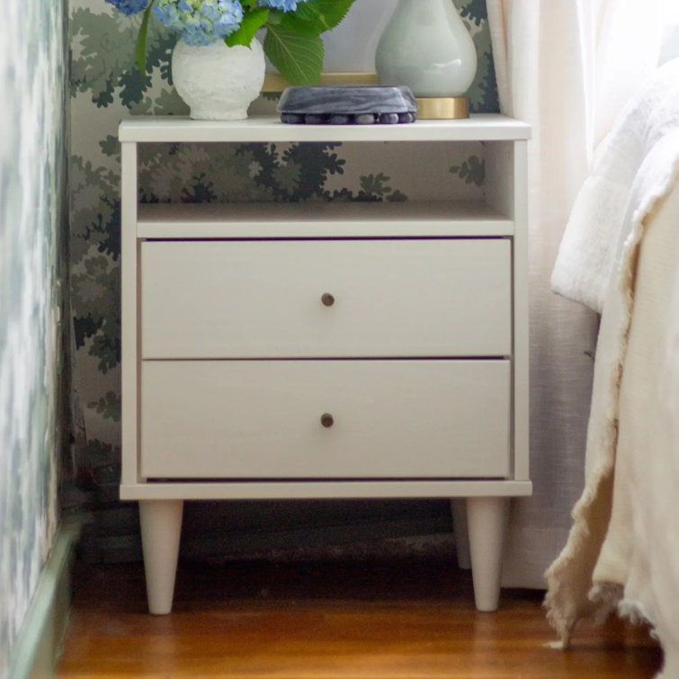 Brushed White Solid Wood Mid Century 2-Drawer Nightstand