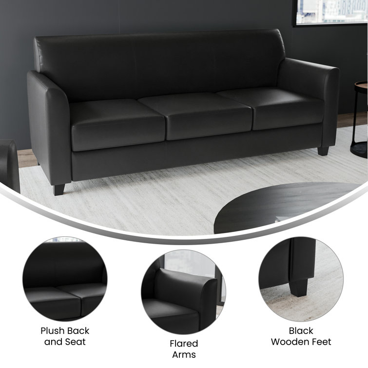 Contemporary Black LeatherSoft 3-Seat Sofa with Flared Arms and Wood Feet