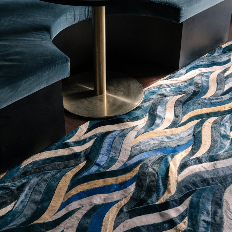 Blue and Teal Cowhide Rectangular Area Rug
