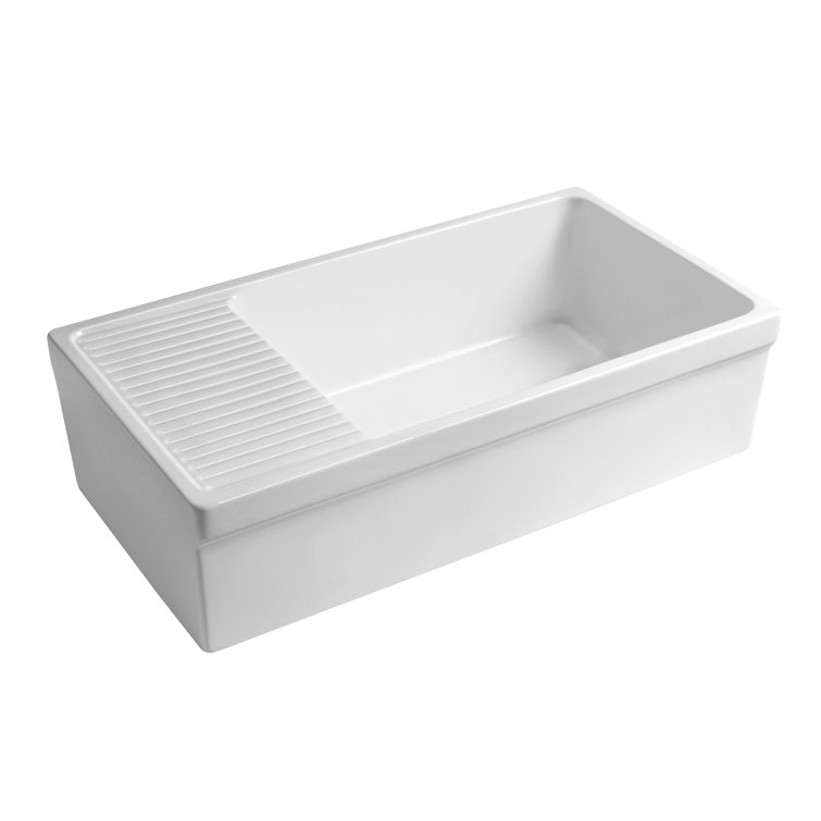 Glossy White Fireclay Farmhouse Sink with Drainboard