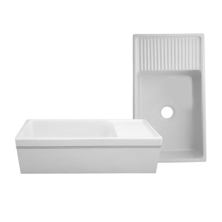 Glossy White Fireclay Farmhouse Sink with Drainboard