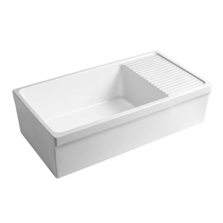 Glossy White Fireclay Farmhouse Sink with Drainboard