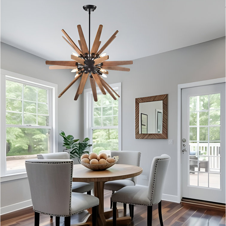 Black and Natural Wood 6-Light Sputnik Sphere Chandelier
