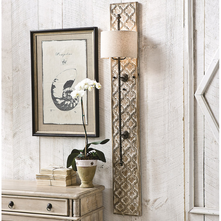 Distressed Gold Dual-Light Linen Shade Carved Sconce