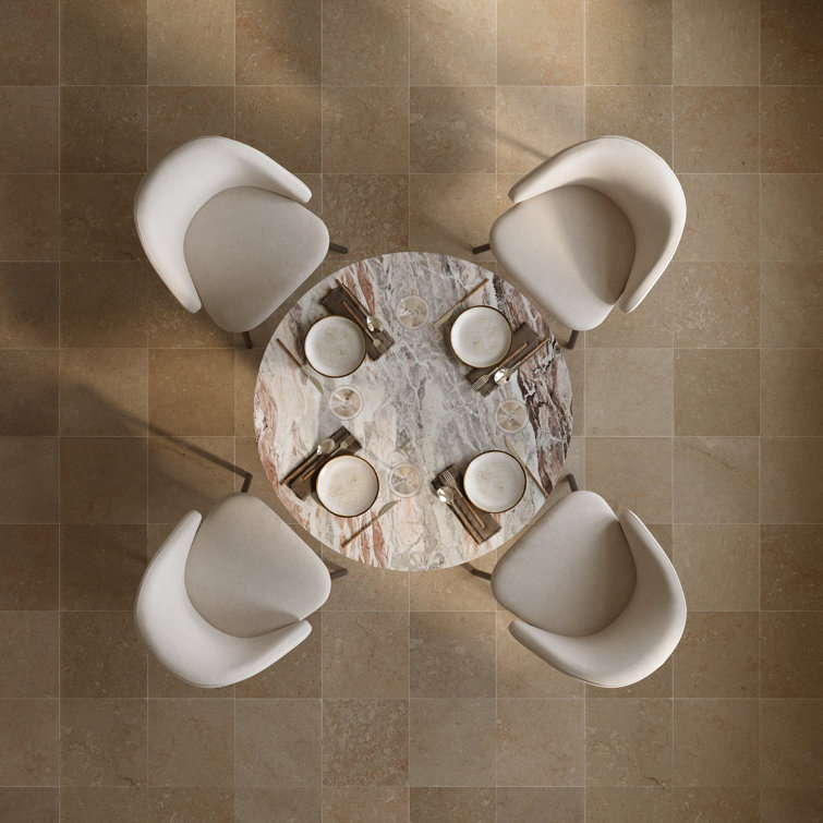 Mellonia Round White Marble Dining Table with Solid Wood Base