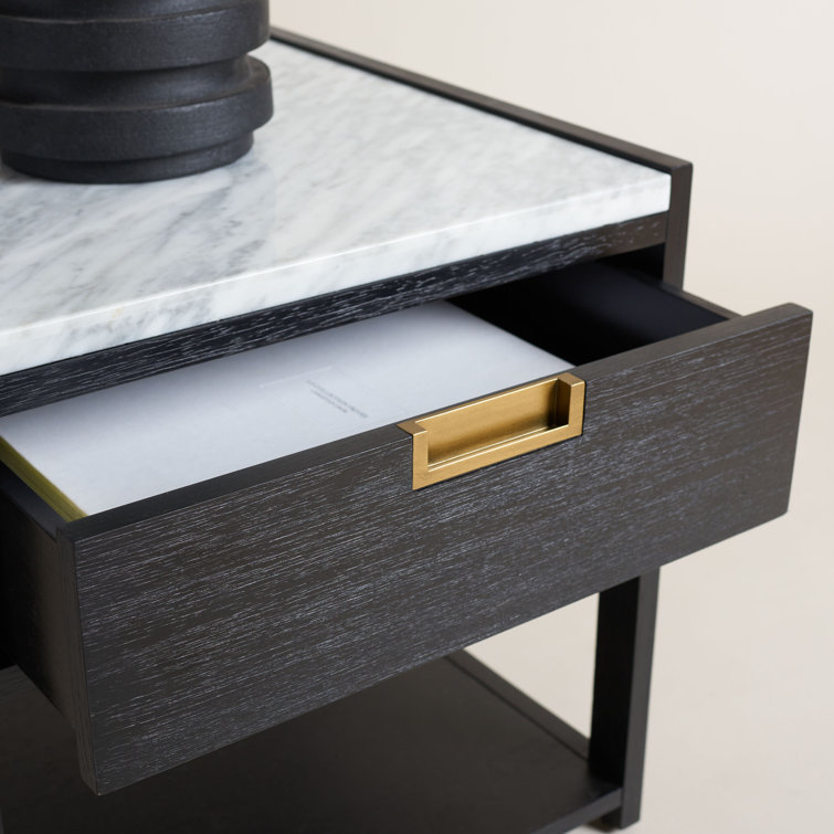 Adeline Black and White Marble Top Nightstand with Antique Brass Handle