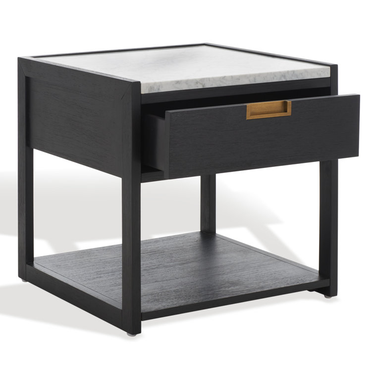 Adeline Black and White Marble Top Nightstand with Antique Brass Handle