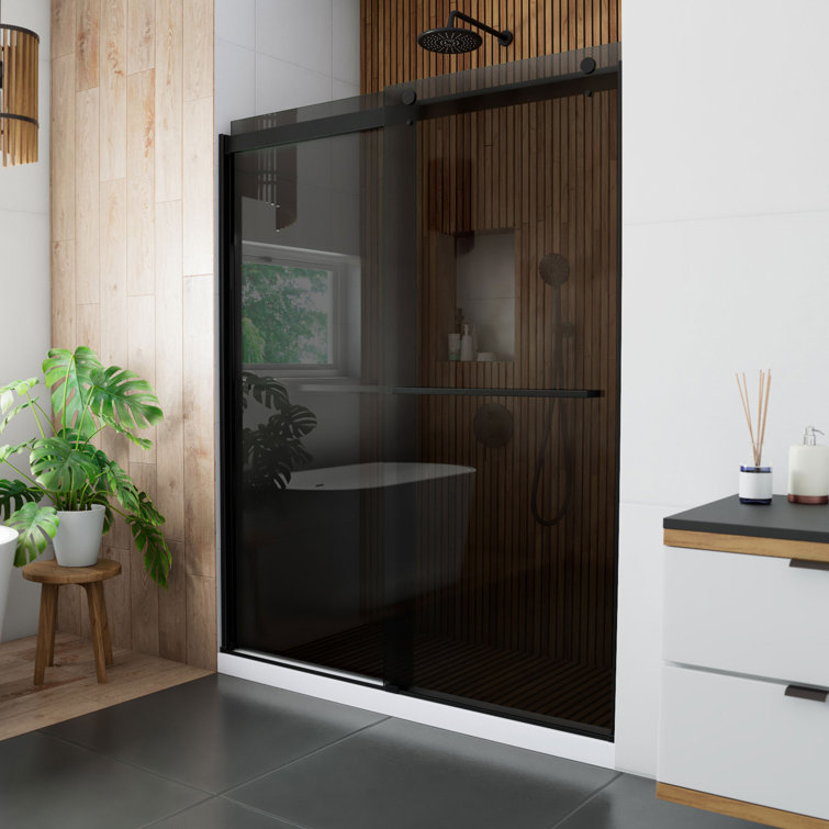 Sapphire Matte Black Semi-Frameless Sliding Shower Door with Smoke Gray Glass