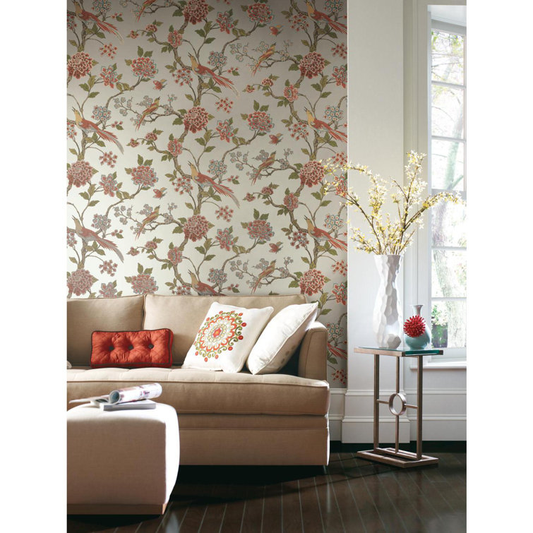 Shiny Silver and Multicolor Floral Bird Wallpaper