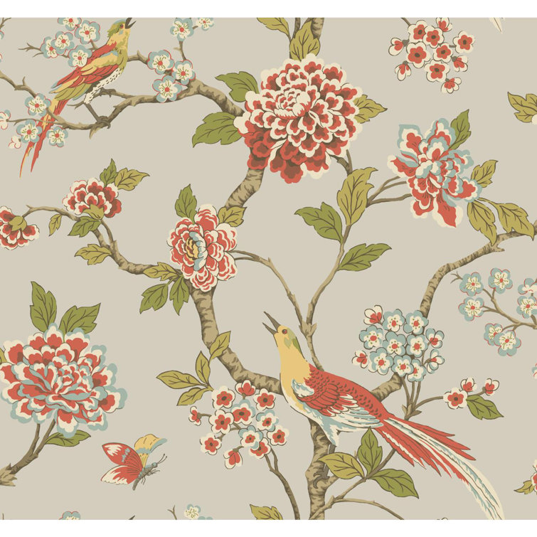 Shiny Silver and Multicolor Floral Bird Wallpaper