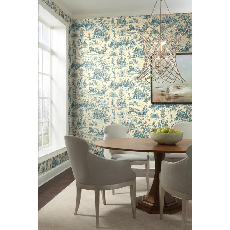 Navy and Off-White Colonial Farmstead Toile Wallpaper