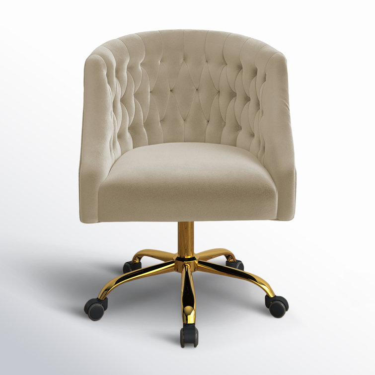 Tan Velvet Button-Tufted Swivel Task Chair with Gold Base
