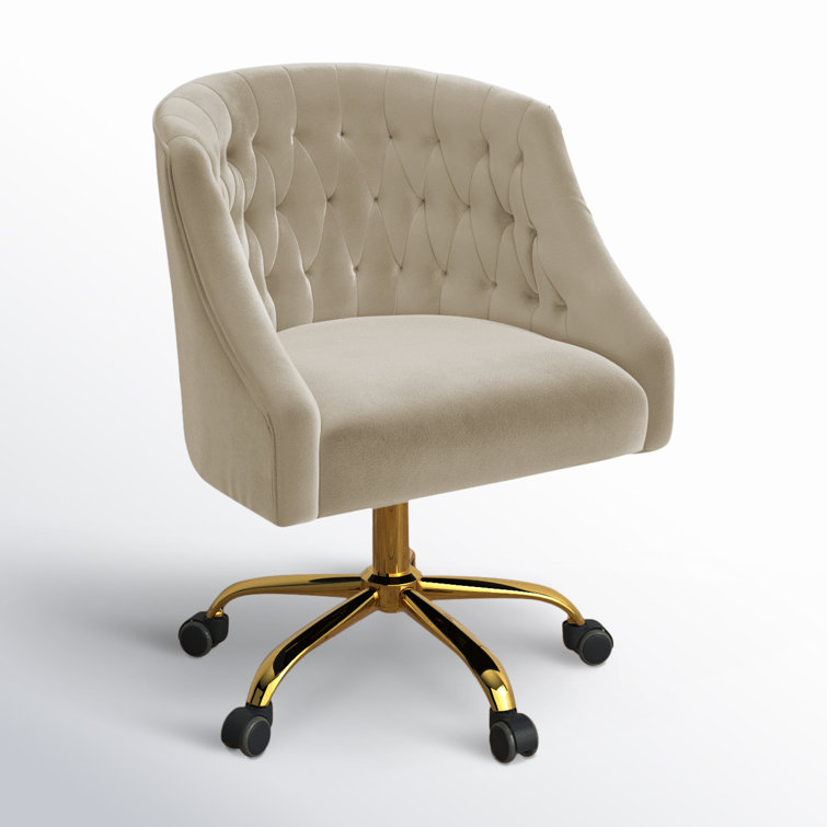 Tan Velvet Button-Tufted Swivel Task Chair with Gold Base