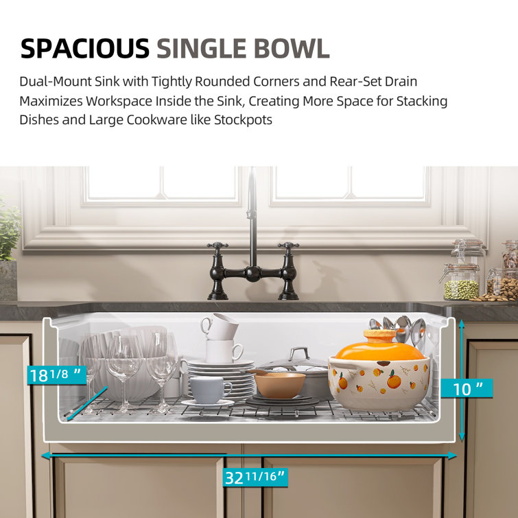 33" White Fireclay Farmhouse Apron-Front Kitchen Sink with Accessories
