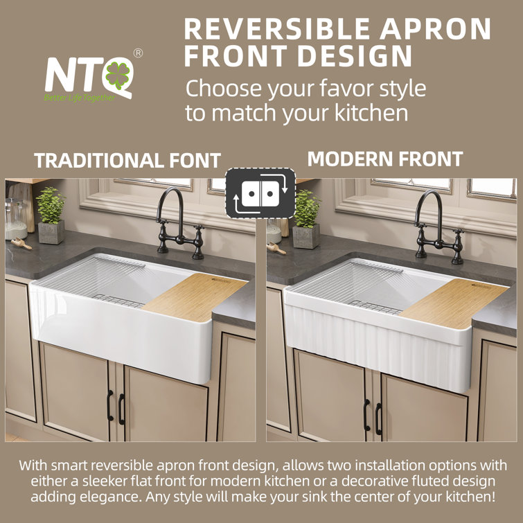 33" White Fireclay Farmhouse Apron-Front Kitchen Sink with Accessories